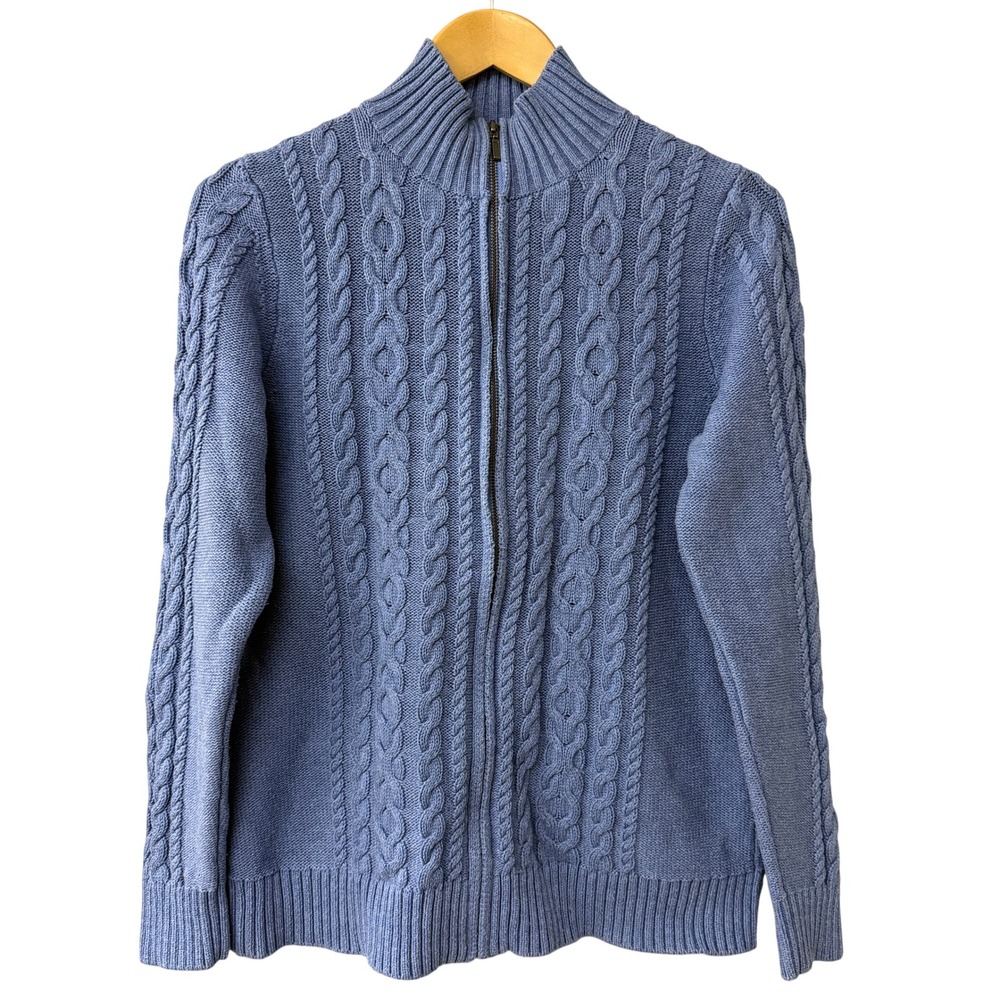 LL Bean Womens Cable Knit Full Zip Mock Neck Cardigan Size Medium Cotton Sweater